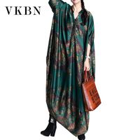 Wholesale Casual Dresses VKBN Spring Autumn For Women Party Batwing Sleeve Loose Waist Plus Size Clothing Printing
