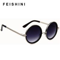 Wholesale FEISHINI Trimming Metal Round Sunglasses Women Vintage Fashion Black Trendy Ladies Glasses UV Protector Gradient Grey