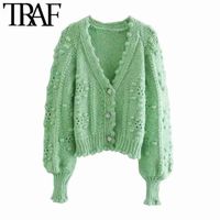 Wholesale TRAF Women Fashion With Gem Buttons Pompom Detail Knit Cardigan Sweater Vintage Long Sleeve Female Outerwear Chic Tops H1023