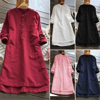 Wholesale Summer Women Solid Long Sleeve Button Pocket V Neck Casual Dress Black White Pink Wine Red Navy Plus Size Dresses