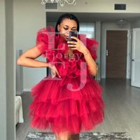 Wholesale Lovely Design Short Puffy Tiered Ruffles Woman Tulle Dresses Red Fashion Mini V Neck Zipper Back Real Image Evening Party Gowns Casual