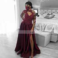 Wholesale Burgundy High Neck caftan Evening Dresses Beaded Lace Full Sleeve Split Arabic Special Occasion Prom Party Gowns