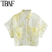 Wholesale Women Fashion With Pockets Daisy Print Cropped Blouses Vintage Short Sleeve Button up Female Shirts Chic Tops