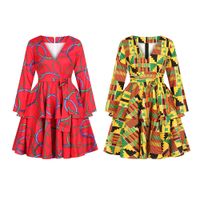 Wholesale Women African Ankara Print Midi Dress V neck Traditional Clothing Casual Party Evening Ruffle Africa Short Cake Dresses