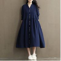 Wholesale Casual Dresses Spring Bohemian Women Fashion Korean Retro V neck Long sleeved Loose Plus Size Linen Cotton Long Dress AE1083