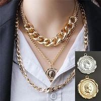 Wholesale Punk Environment Friendly Queen Embossed Coin Pendant Necklace For Women Bead Lariat Multilayered Chunky Chain Necklaces Jewelry