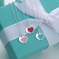 Wholesale t Family Enamel Double Heart Necklace Sterling Silver Love Blue Pink Red Heart Shaped Clavicle Chain Pendant