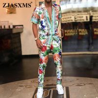 Wholesale Men s Tracksuits Spring Buttoned Men Two Piece Outfit Set Retro Pattern Printed T Shirt For Summer Short Sleeve Long Pants Street Sui