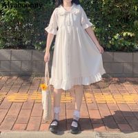 Wholesale Casual Dresses sets Japanese Lolita Style Summer Women White Peter Pan Kraag High Taille Loose Dress Flare Mouw Chiffon Nice Kawaii RG9Y