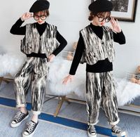 Wholesale Fall big kids tie dye clothing sets girls smiling face letter embroidery T shirt V neck double pocket waistcoat loose pants children outfits Q1688