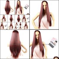 Wholesale Pre Bonded Hair Extensions Products Head Set Female Wine Fashion Red Long Straight High Temperature Silk Chemical Fiber Drop Delivery E
