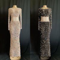Wholesale Fashion Colorful Crystals Pearls Long Dress Women Birthday Celebrate Party Mesh Transparent Evening Rhinestone Sexy Casual Dresses