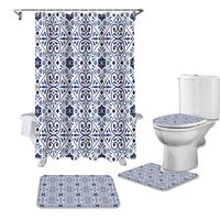 Wholesale Shower Curtains Classic Vintage Blue White Ceramic Tile Bathroom Curtain Set Bath Mat Sets With Hooks Pedestal Rug Toilet Cover