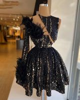 Wholesale Sparkly Feather Cocktail Dresses Single Long Sleeve Luxury Beaded Black Sequined African Women Party Gowns Formal Evening Dress