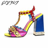 Wholesale Dress Shoes Women Sandals Buckle Retro Style Rivet T shaped Open Toe Thick Heel Female Summer Fish Mouth Mixed Colors Zapatillas Mujer