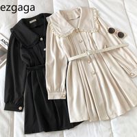Wholesale Ezgaga Elegant Dress Women Spring French Style Pearl Button Peter Pan Collar Long Sleeve Dresses with Belt Casual Robe Vestidos