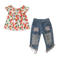 Wholesale 2PCS Baby Girls Toddler Pineapple Clothes Kids Off Shoulder Tops Ripped Denim Shorts Outfits Set Y2