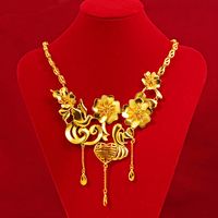 Wholesale 24k Yellow Gold Pendant Necklace for Women Chinese Style Gold Necklace Set National Wind Flowers Wedding Female Necklace Jewelry