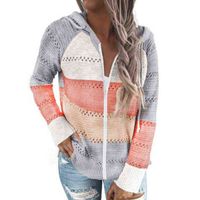 Wholesale Women Long Sleeve Sweater Full Zip Up Hooded Jacket Color Block Knitted Cardigan
