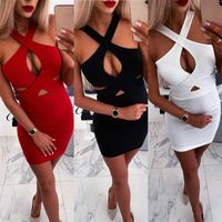 Wholesale Mini Red Women Dress Summer Sexy Halter V Neck Cross Hollow Out Package Hip Pencil Lady Slim Party Night Club Dresses Casual