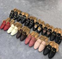 Wholesale Designer Classic Half slippers authentic soft cowhide Flat bottom Metal buckle Hair Slipper luxury men woman Slip On shoes Warm Wool Mules loafer