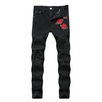 Wholesale Men s Jeans Embroidered Rose Flower Denim Ripped Light Blue Pants Slim Fit Plus Size Stretch Trousers