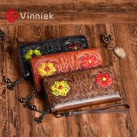 Wholesale Wallets Embossed Women Real Leather Vintage Purse Long Card Holders Cell Phone Wallet Wristlet Handbags Original Clutch