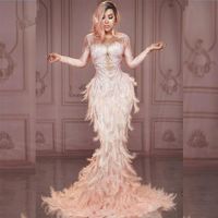 Wholesale Casual Dresses Sparkly Rhinestones Pink Feather Nude Dress Sexy Full Stones Long Big Tail Costume Women Prom Birthday Celebrate DT545