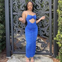 Wholesale Casual Dresses Wsevypo Sexy Cutout Halter Ruched Stacked Bodycon Dress Women Backless Off the shoulder Maxi Sheath Orange Royal Blue