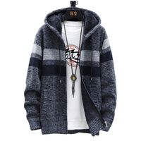 Wholesale 5 Colors Mens Sweaters Winter Cardigan Sweater Coats Thick Hooded Men Striped Clothes Plus Velvet