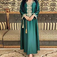 Wholesale Siskakia Satin Maxi Dress for Women Elegant Ethnic Embroidery Gilding Jalabiya Muslim Dubai Arabic Moroccan Kaftan Robe Green