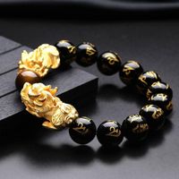 Wholesale Natural Black Six Words Euro Currency Double Pixiu Bracelet Beaded Strands