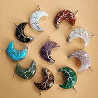 Wholesale 10PCS Tree of Life Crescent Moon Shape Pendant Silvertone Wire Wrap Natural Gemstones Healing Crystal Women Necklace