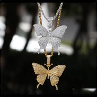 Wholesale Necklaces Pendants K White Gold Fl Cz Cubic Zirconia Blingbling Butterfly Pendant Necklace Hiphop Iced Diamond Rapper Jewelry For Men Wo