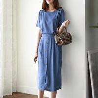 Wholesale Elegant Korean Vintage Simple Summer Party Blue Women Midi Dresses Casual Bodycon High Waist Button Plain Female Retro Dress