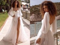 Wholesale Sexy High Slit Beach Bohemian Wedding Dresses Bridal Gown with Long Poet Sleeves Open Back Lace Tulle Summer For Women Plus size Petite Designer