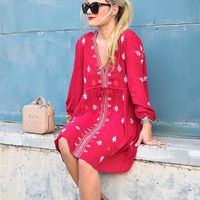 Wholesale Bohemian black red mini white dress summer sexy V neck long sleevess boho style embroidery high quality women clothing