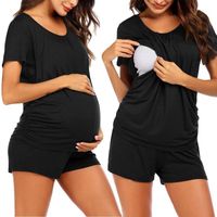 Wholesale Women s T Shirt Plus Size Maternity Clothes Solid Color Top Women Short Sleeve Nursing Baby T shirt shorts Pajamas Set