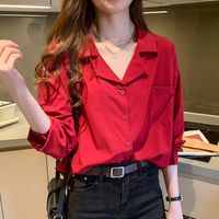 Wholesale Women s Blouses Shirts Notched Chiffon Red Blouse Women Formal Long Sleeve Button Womens Shirt Autumn Tops Woman Clothes Pocket