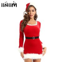 Wholesale Casual Dresses Womens Adult Fancy Flannel Christmas Party Santa Claus Xmas Costumes Lace Long Sleeves Faux Fur Trim Dress With Belt Hat