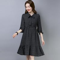 Wholesale Casual Dresses Women s Spring Summer Style Chiffon Dress Bow Lace Up Plaid Long Sleeve Korean Elegant SS1864