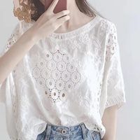 Wholesale Women s T Shirt Arrival Summer Korean Style Women Loose Casual Short Sleeve O neck T Shirt Lace Hollow Out Design Embroidery W379