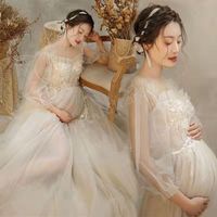 Wholesale Lace Mesh Maternity Dress Photo Shoot Fairy White Embroidery Flower Boho Long Pregnant Gown Woman Photography Costume Baby Shower Robe