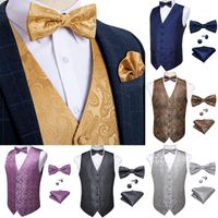 Wholesale Men s Vests Classic Gold Suit Vest Men Paisley Waistcoat Silk Bow Tie Handkerchief Cufflinks Set For Party Wedding DiBanGu