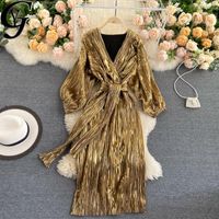 Wholesale Fall Fashion Golden Christmas Maxi Dress For Women Casual V neck Long Sleeve Pleated Bandage Party Vestido De Mujer Dresses