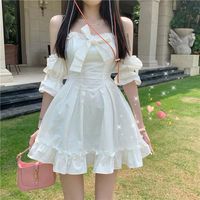 Wholesale Casual Dresses White Kawaii Fairy Strap Women Lolita Off Shoulder Sexy Party Mini Bow Ruffle Sweet Cute Princess Vestidos