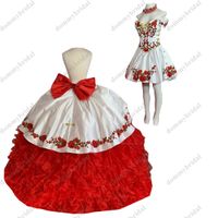 Wholesale 2022 Modest Red and White Floral Flowers in Quinceanera Dresses Ball Gown Off shoulder with Sleeves Two Pieces Detachable Puffy Skirt Sweet Charra Prom Dress