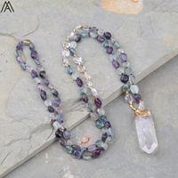 Wholesale Natural White Quartz Stick Point Pendant Rainbow Fluorite Stone Chip Beads Knotted Handmade Necklace Long Inch N0280AMCD Chains