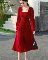 Wholesale Casual Dresses French Vintage Women Square Collar Velour Dress Elegant Lady Red Velvet Vestido De Mujer