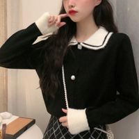 Wholesale Women s Sweaters Autumn Korean Pearl Button Long Sleeve Sweater Fashion Loose Contrast Color Doll Collar Top Rac